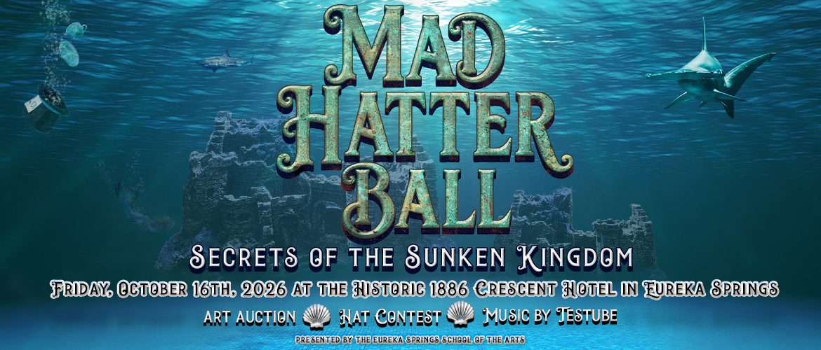 Mad Hatter Ball 2026 Secrets of the Sunken Kingdom fundraiser at ESSA featuring an underwater Atlantis-inspired theme in Eureka Springs Arkansas