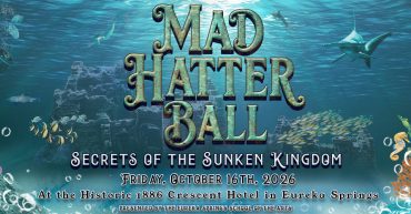 Banner for the 2026 Mad Hatter Ball featuring an underwater sunken kingdom with ancient ruins, sea life, and the event title "Secrets of the Sunken Kingdom."