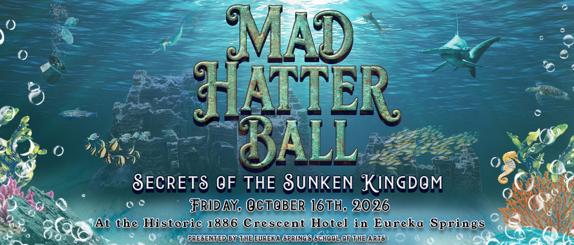Banner for the 2026 Mad Hatter Ball featuring an underwater sunken kingdom with ancient ruins, sea life, and the event title "Secrets of the Sunken Kingdom."