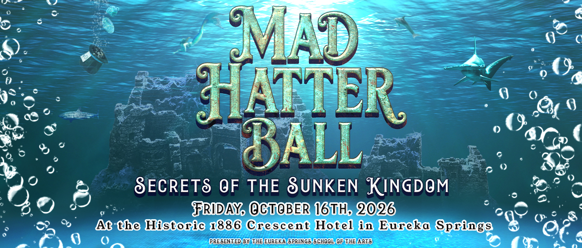 Underwater event banner for ESSA's 2026 Mad Hatter Ball, Secrets of the Sunken Kingdom, with an ancient sunken city, ocean light rays, bubbles, and decorative typography.