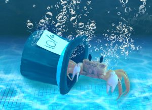 Decorative image of a crab wearing a top hat underwater with bubbles, representing the whimsical underwater theme of the 2026 Mad Hatter Ball.