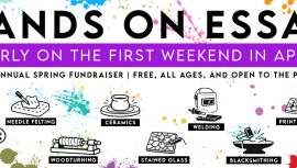 Hands On ESSA banner promoting a free community art fundraiser in Eureka Springs featuring ceramics, welding, blacksmithing, painting, printmaking, stained glass, and woodturning activities