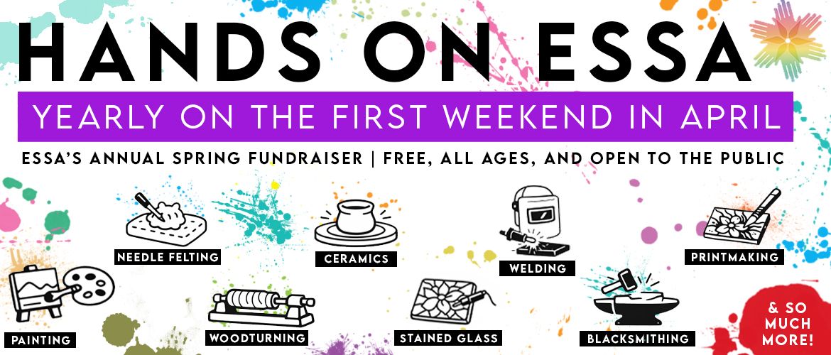 Hands On ESSA banner promoting a free community art fundraiser in Eureka Springs featuring ceramics, welding, blacksmithing, painting, printmaking, stained glass, and woodturning activities