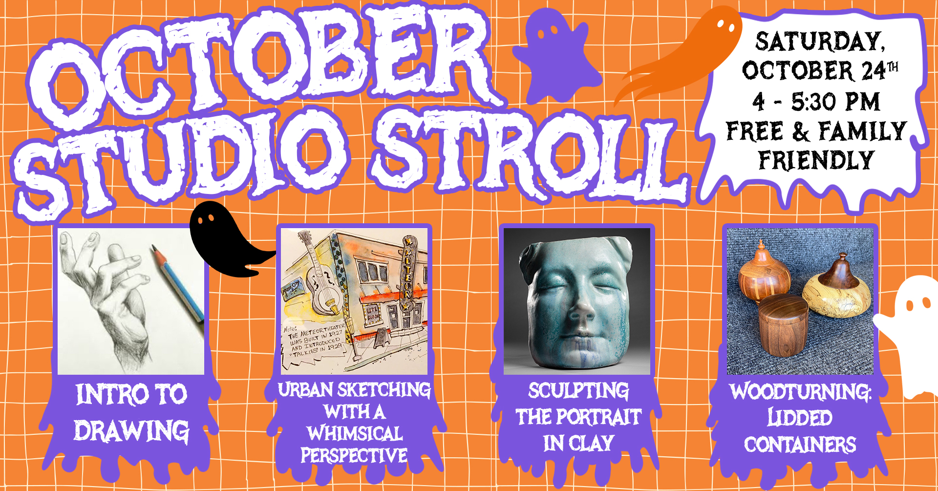 October Studio Stroll at ESSA, Saturday, October 24th, 4 – 5:30 PM, featuring drawing, urban sketching, clay portrait sculpture, and woodturning.