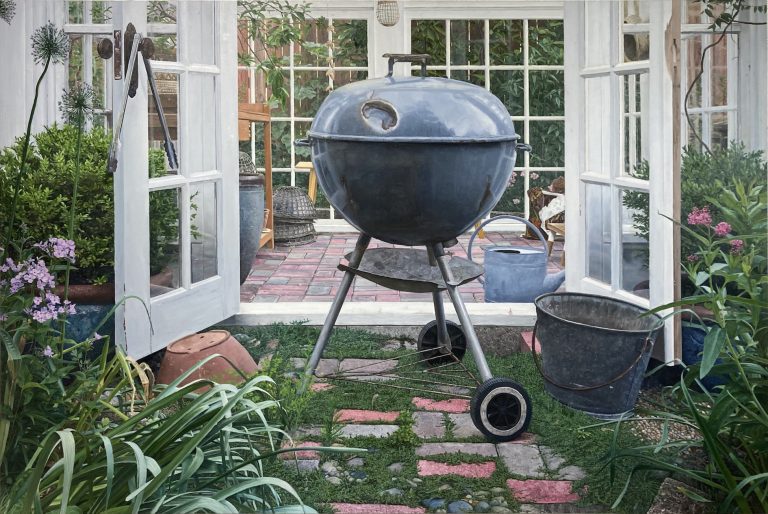 Oil painting by Brian DePauli of a charcoal grill surrounded by a lush backyard garden