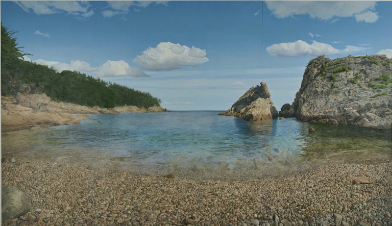 Oil painting by Brian DePauli of a rocky beach and calm blue water beneath a cloud-filled sky