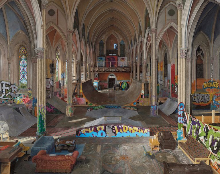 Oil painting by Brian DePauli of an indoor skate park inside a former Gothic church