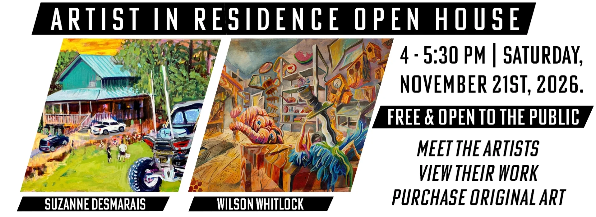 ESSA Artist in Residence Open House on November 21st, 2026, from 4 – 5:30 PM, featuring artwork by Suzanne DesMarais and Wilson Whitlock.