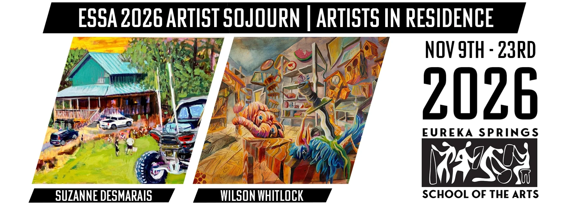 ESSA 2026 Fall Artists' Sojourn banner featuring paintings by Suzanne DesMarais and Wilson Whitlock, with residency dates November 9th – 23rd, 2026.