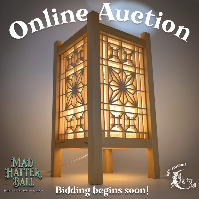 Mad Hatter Ball 2026 online auction graphic featuring a glowing Kumiko Andon Lamp by Steve Walter.